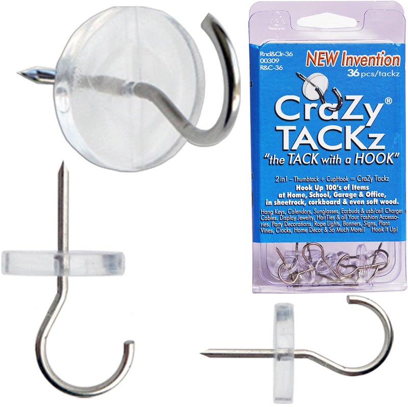 CraZy TACKz - 2 in 1: Push pin with Hook or Thumb Tack with Hook - New Invention Hang 100's of Items Interior or Exterior Decor at Home School Office DIY for Party or Holiday - Image 1